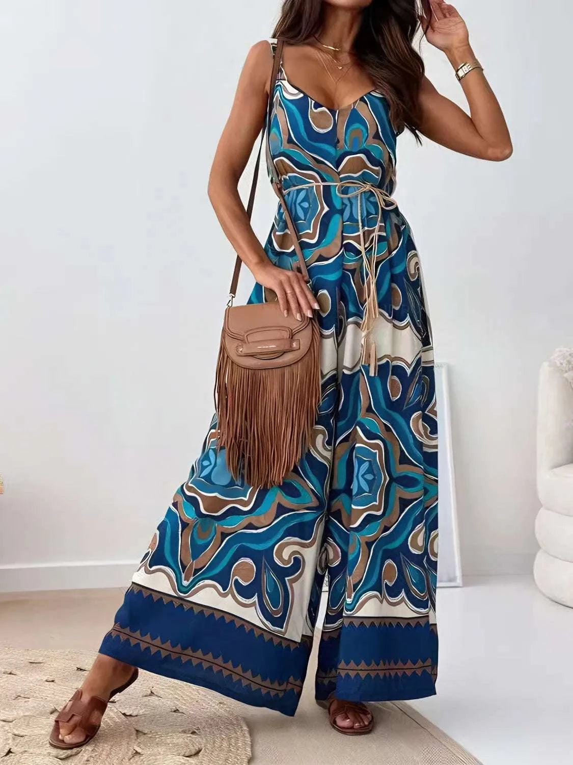 Printed V-Neck Wide Leg Jumpsuit WESTCLOSET