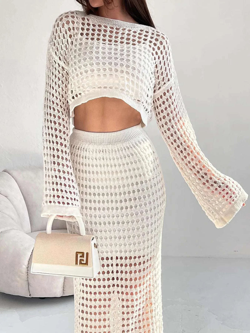 Hollow Out Long Sleeve Top and Skirt Knit Set WESTCLOSET
