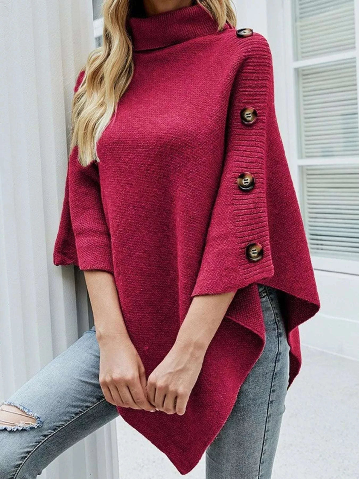 Button-Decor Turtleneck Poncho Pullover WESTCLOSET