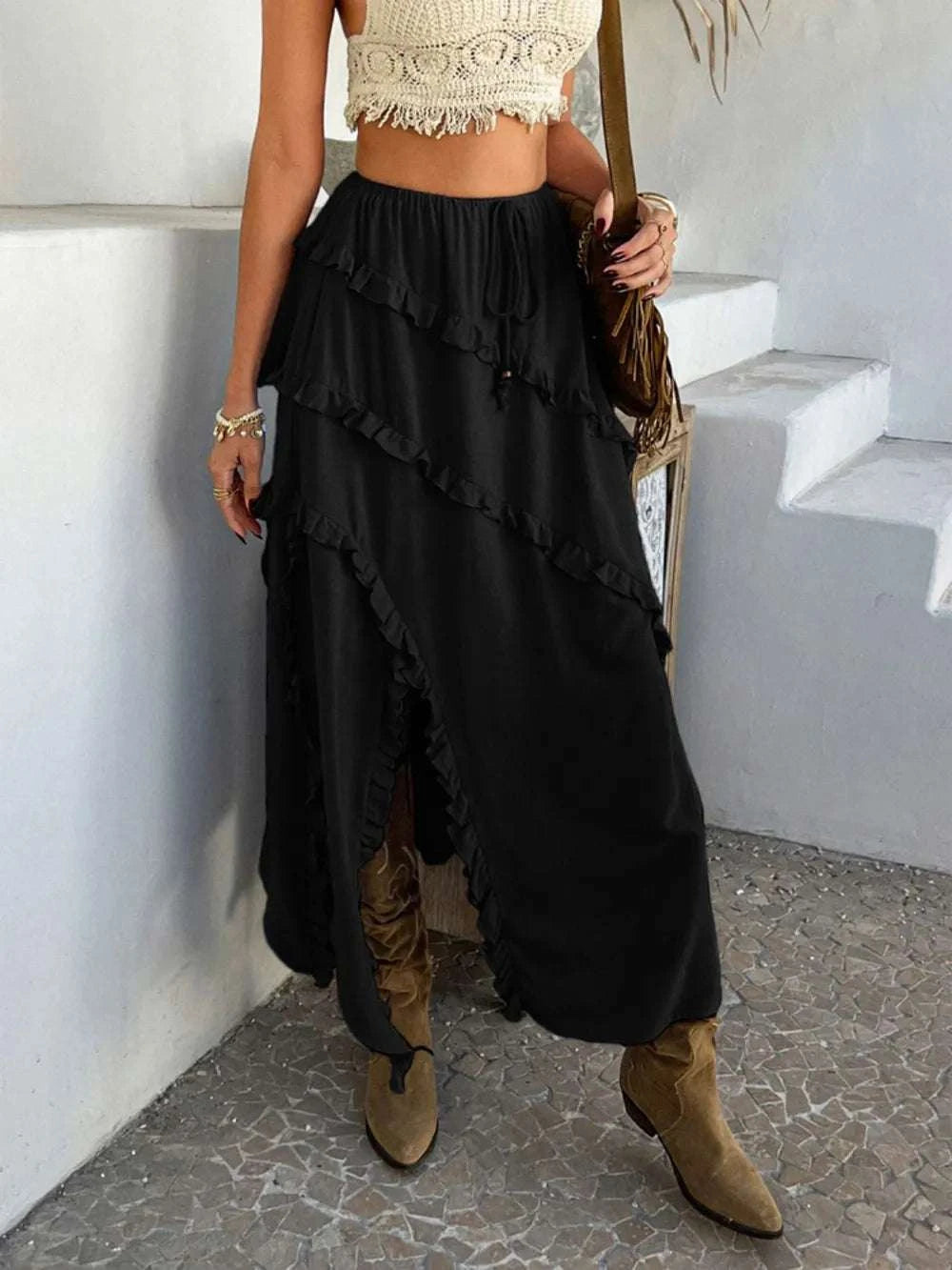 Devine Slit Drawstring Ruffled Skirt WESTCLOSET