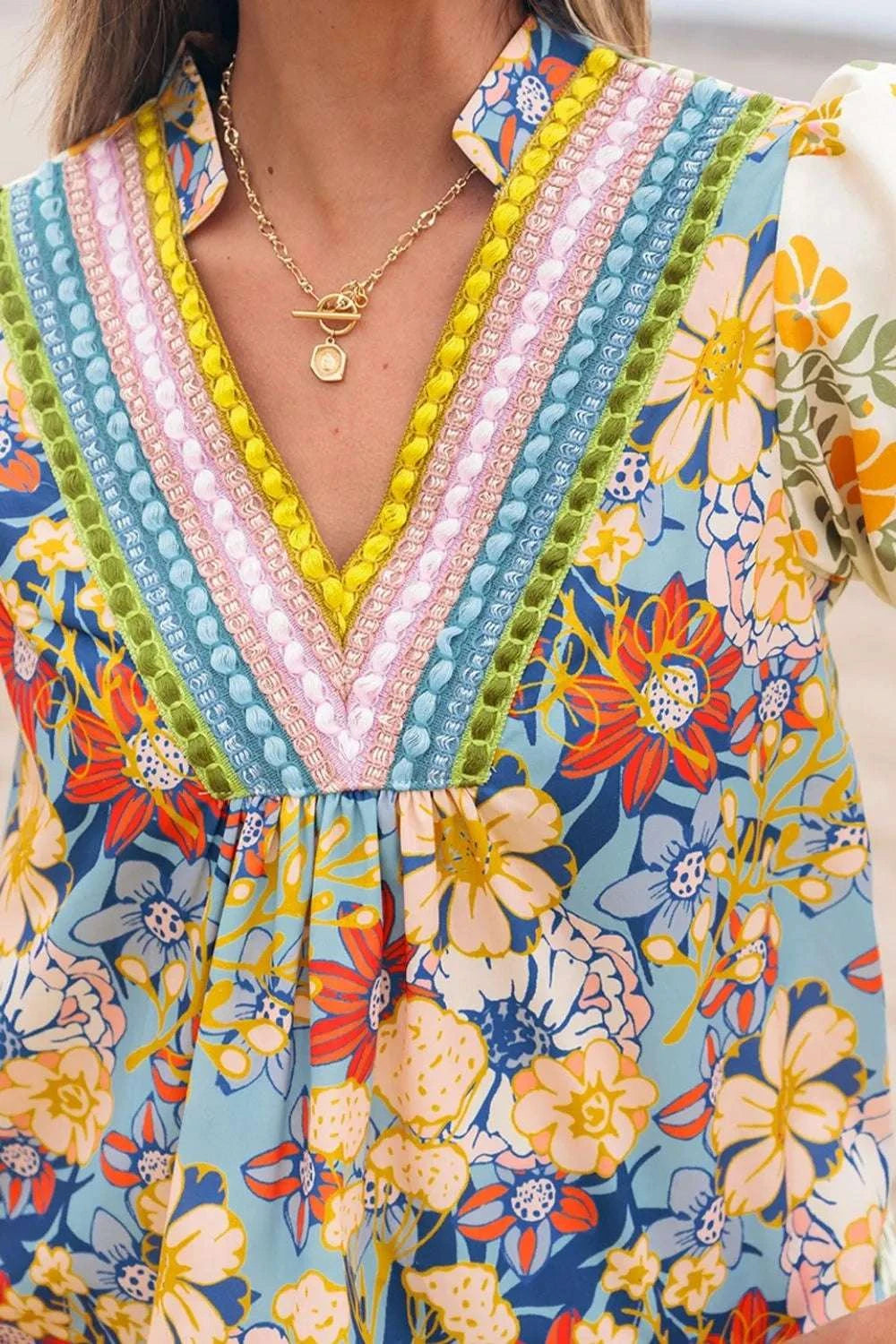 Multicolour Crochet V Neck Half Sleeve Boho Floral Blouse WESTCLOSET