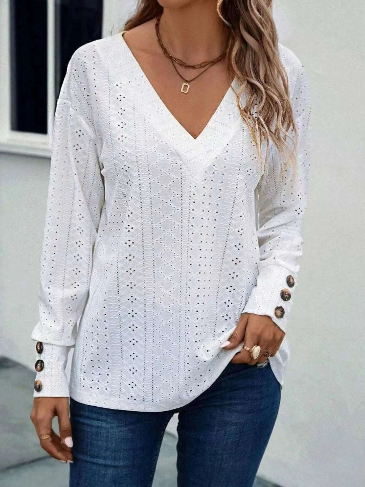 Eyelet V-Neck Long Sleeve T-Shirt WESTCLOSET