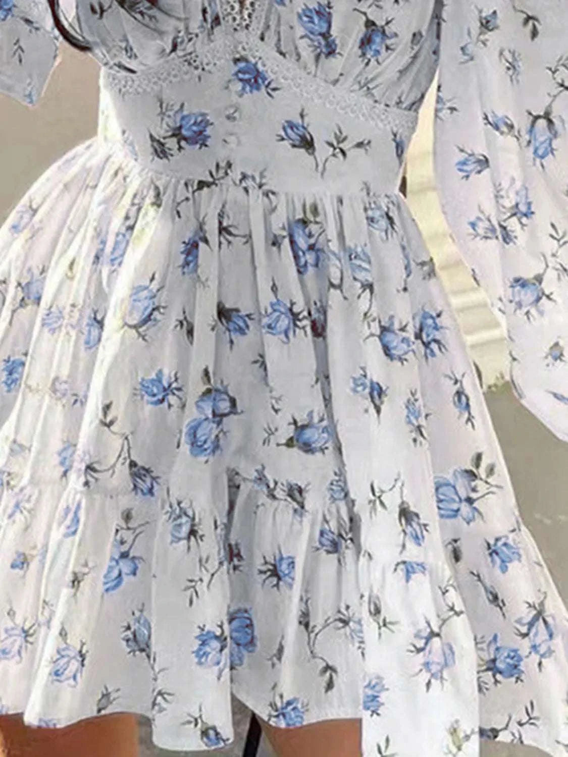 Lace Detail V-Neck Balloon Sleeve Dress WESTCLOSET