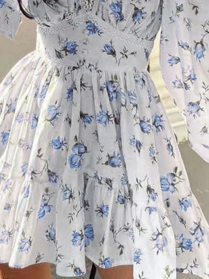 Lace Detail V-Neck Balloon Sleeve Dress WESTCLOSET