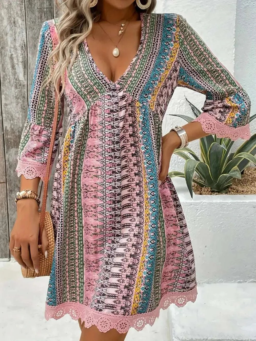 Lace Trim Printed V-Neck 3/4 Sleeve Dress WESTCLOSET
