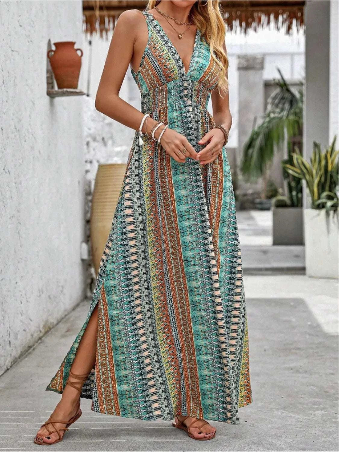 Tied Back Printed Sleeveless Maxi Slit Dress WESTCLOSET