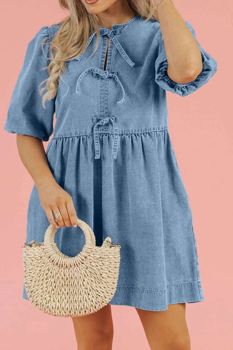 Bowknot Round Neck Half Sleeve Denim Dress WESTCLOSET