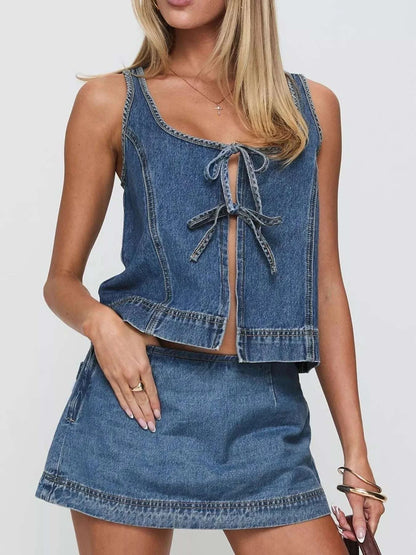 Tie-Front Tank and Skirt Denim Set WESTCLOSET