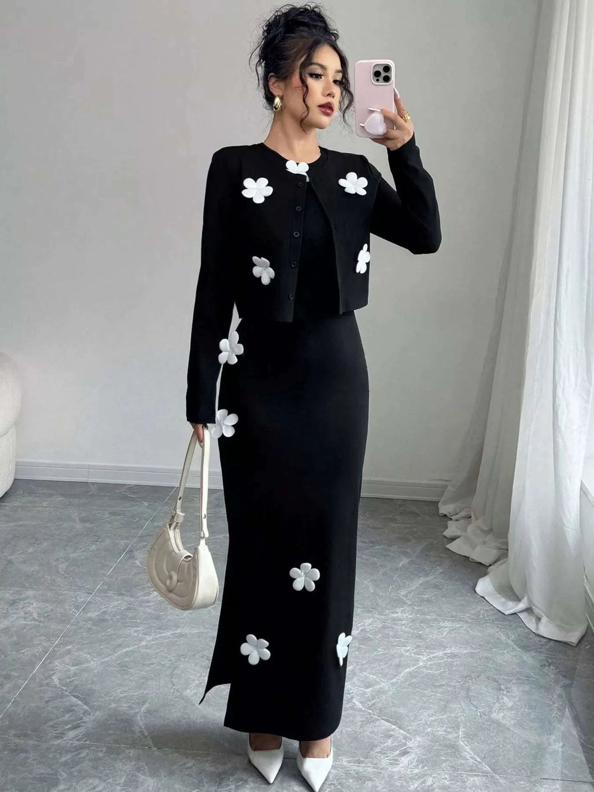 Floral Applique Cardigan & Bodycon Dress Set WESTCLOSET