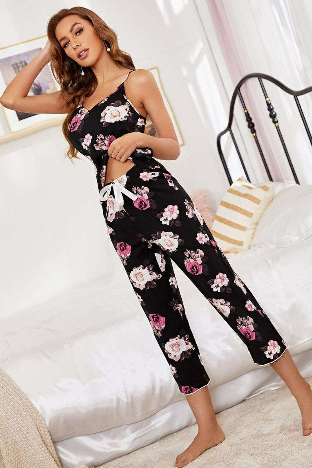 Floral V-Neck Cami and Cropped Pants Lounge Set WESTCLOSET