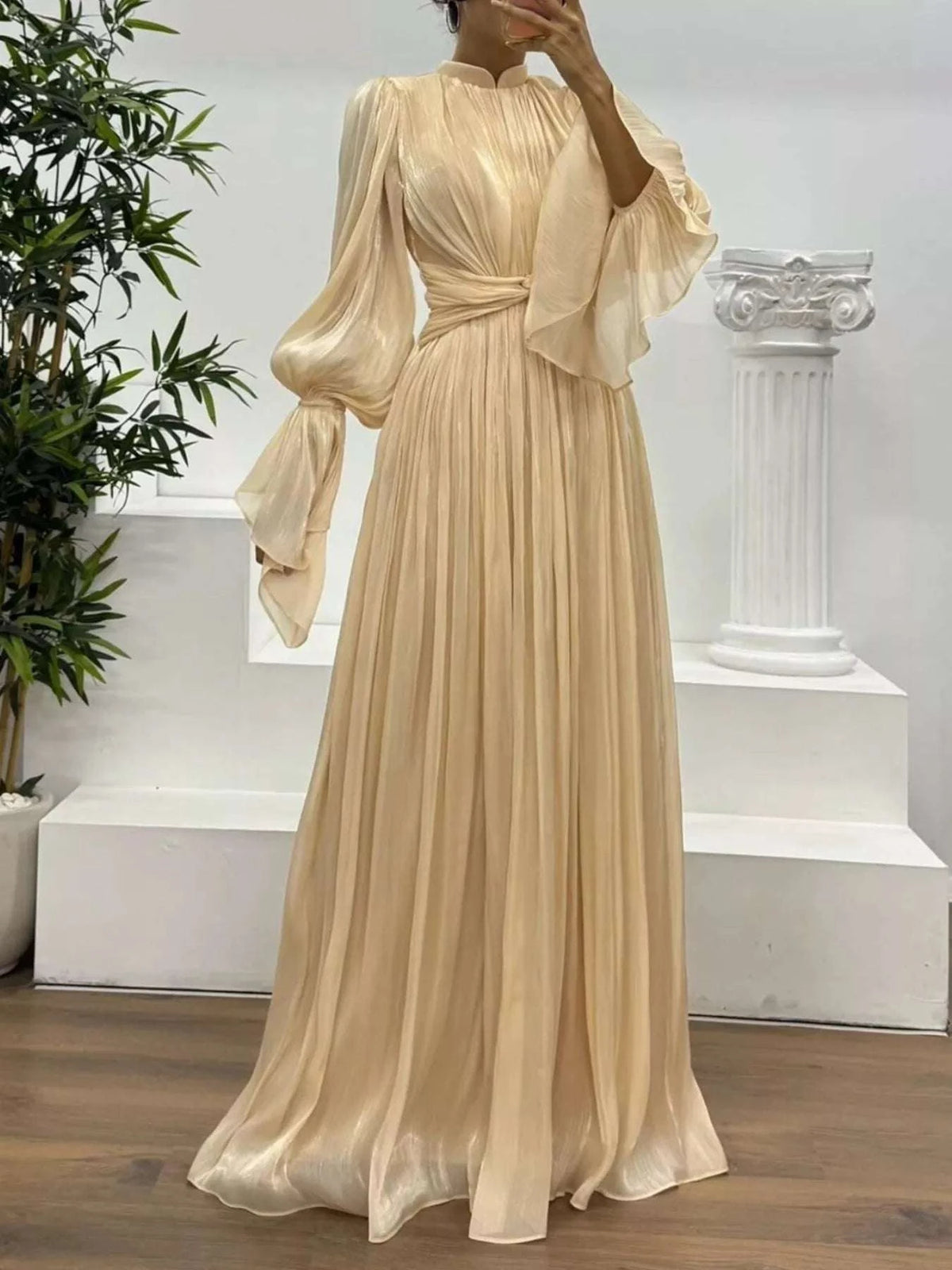 Pleated Mock Neck Long Sleeve Maxi Dress WESTCLOSET