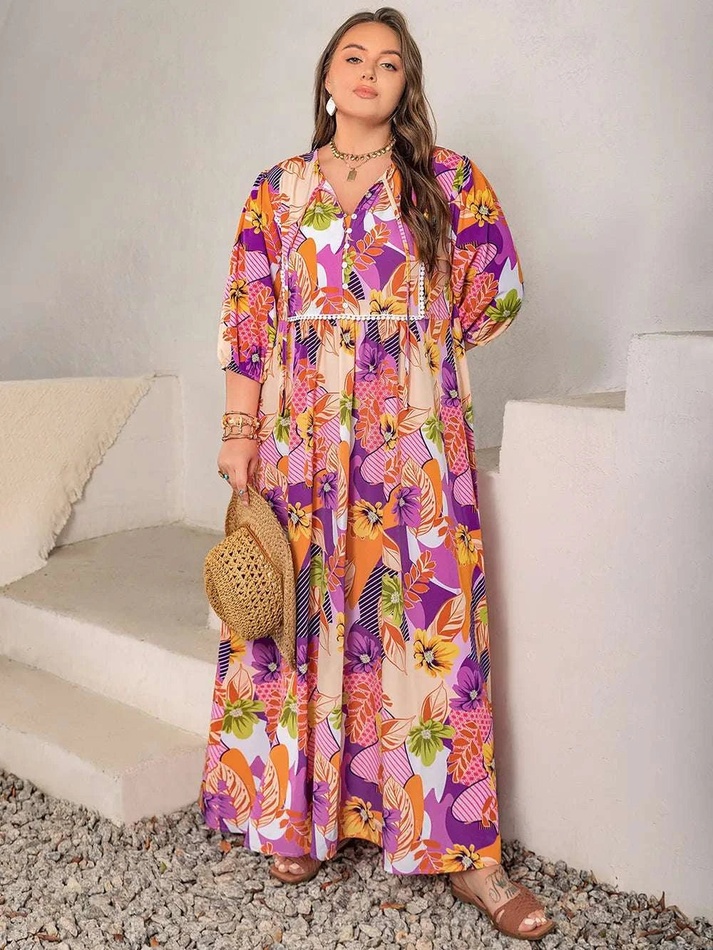 Plus Size Printed Tie Neck Maxi Dress WESTCLOSET