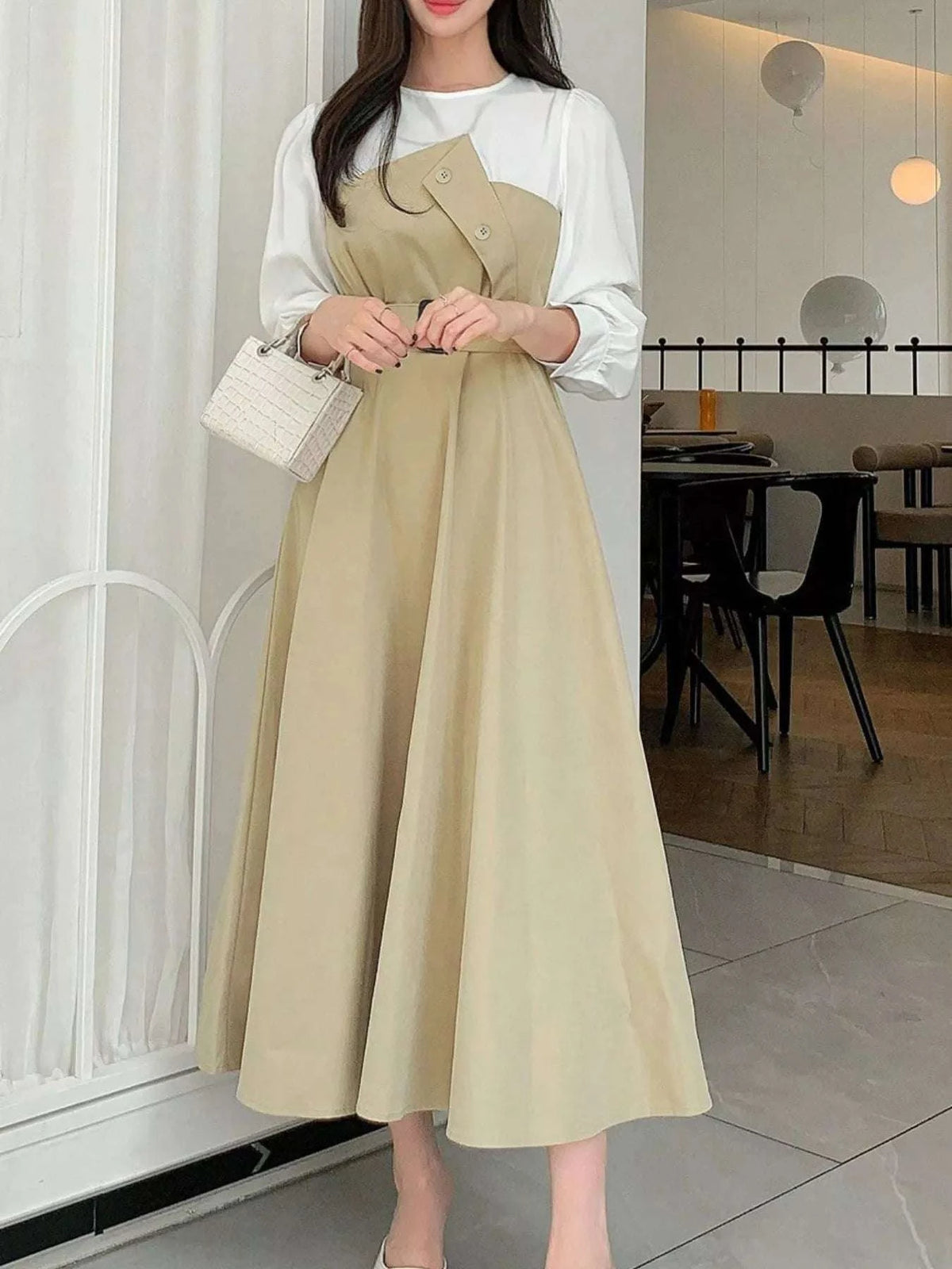 Contrast Long Sleeve Midi Dress with Belted WESTCLOSET