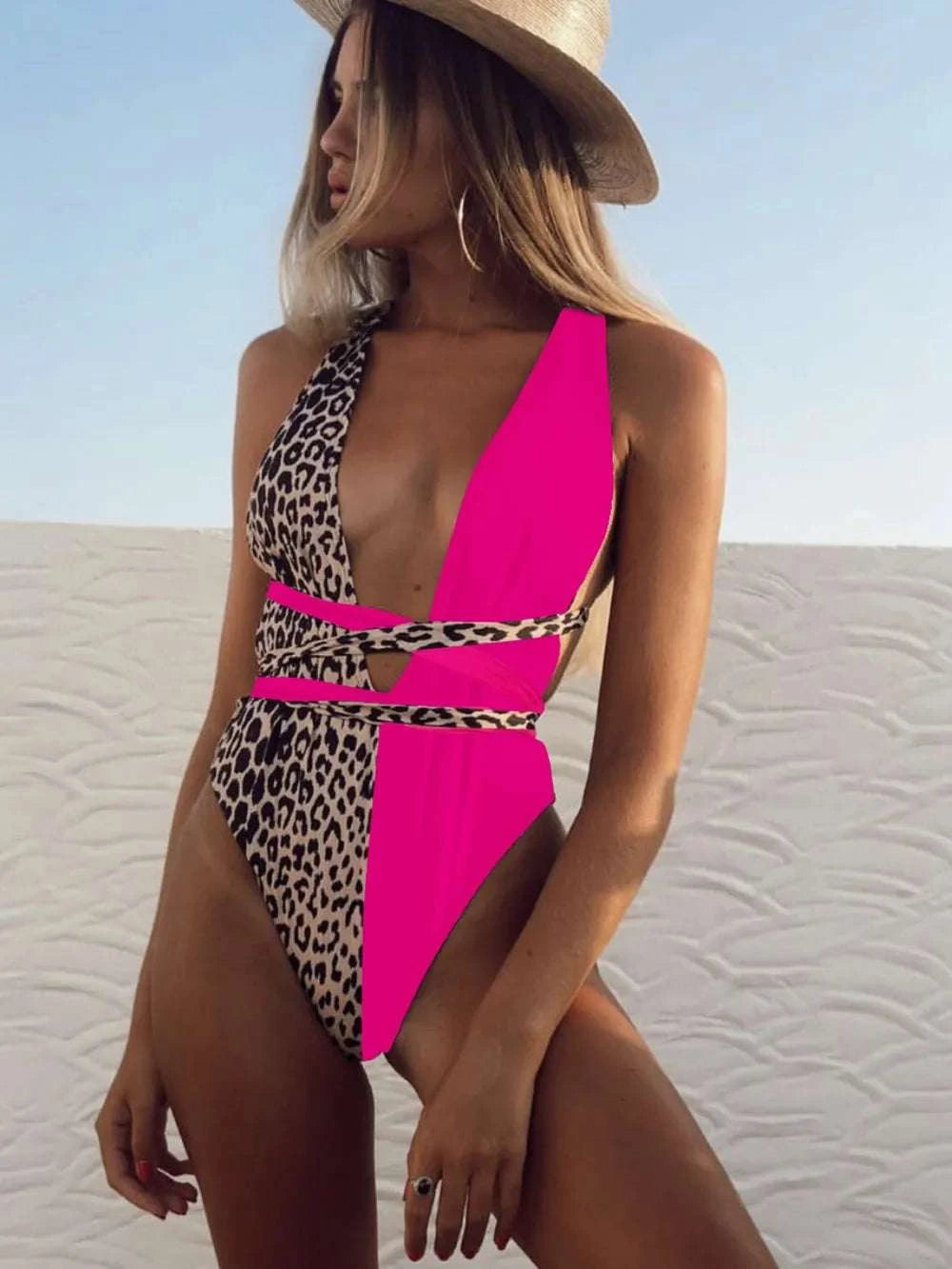 Tied Leopard Plunge One-Piece Swimwear WESTCLOSET