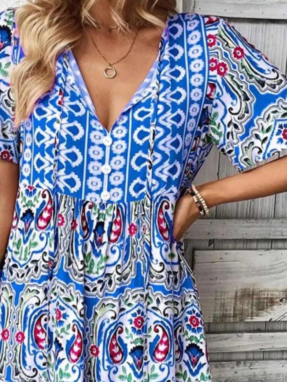 Printed Tie Neck Short Sleeve Dress WESTCLOSET