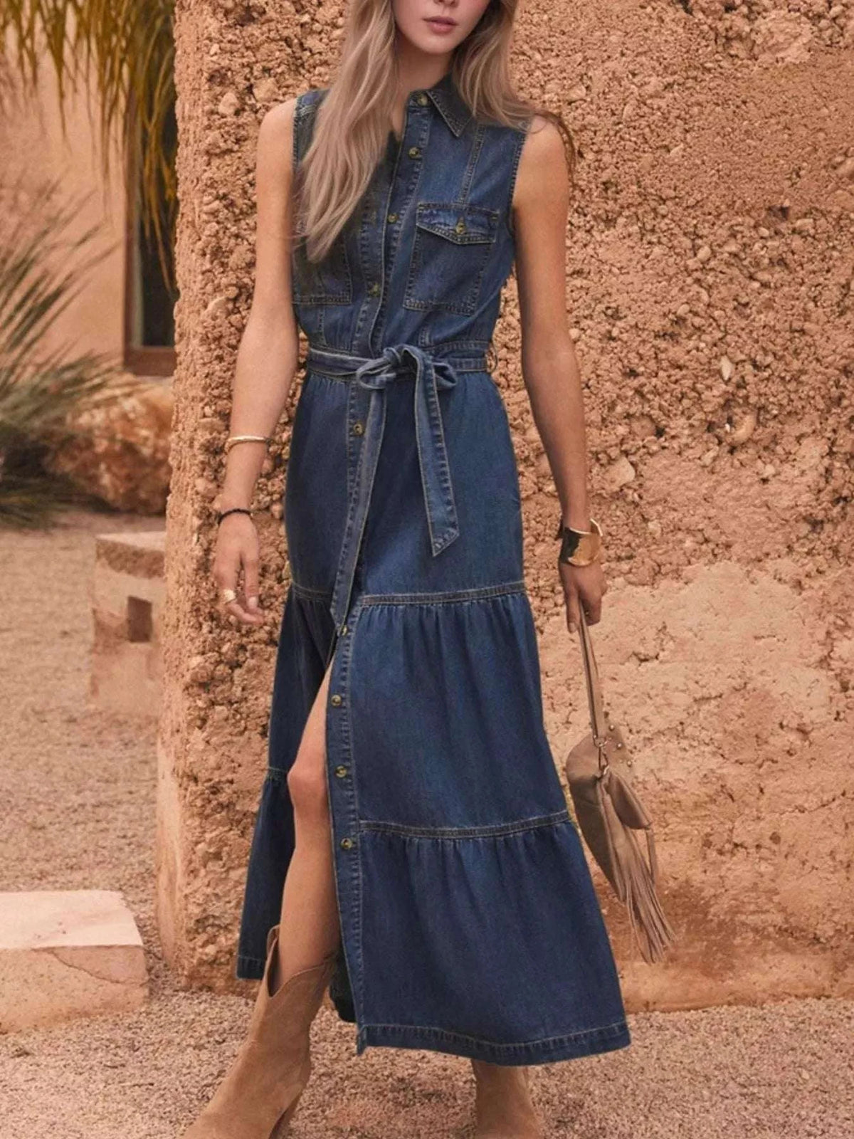 Button Front Sleeveless Denim Dress WESTCLOSET