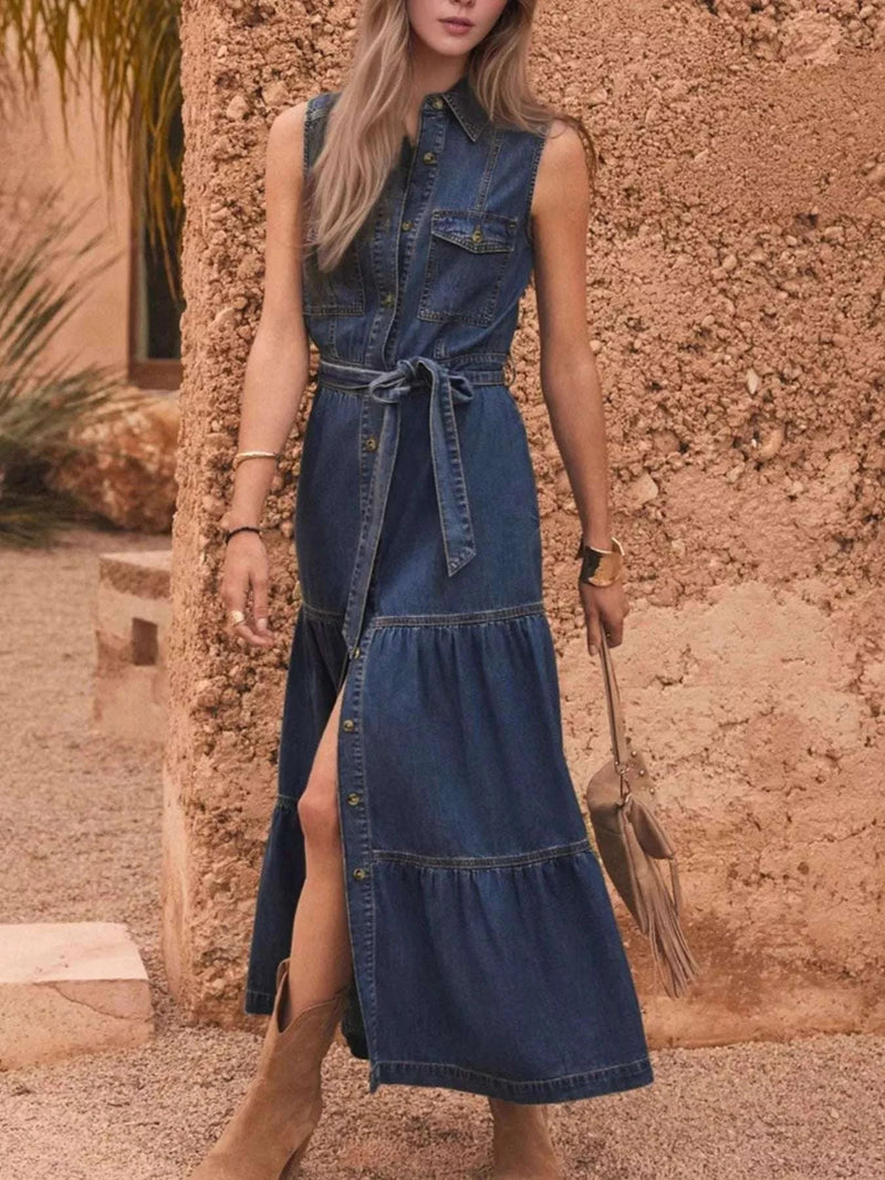 Button Front Sleeveless Denim Dress WESTCLOSET