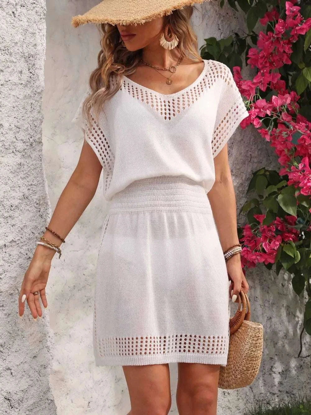 Openwork V-Neck Short Sleeve Cover-Up Dress WESTCLOSET