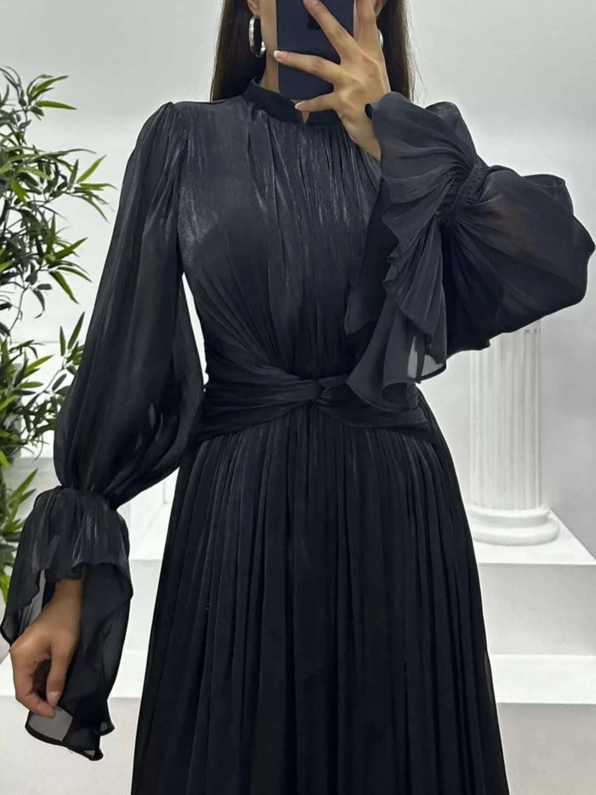 Pleated Mock Neck Long Sleeve Maxi Dress WESTCLOSET