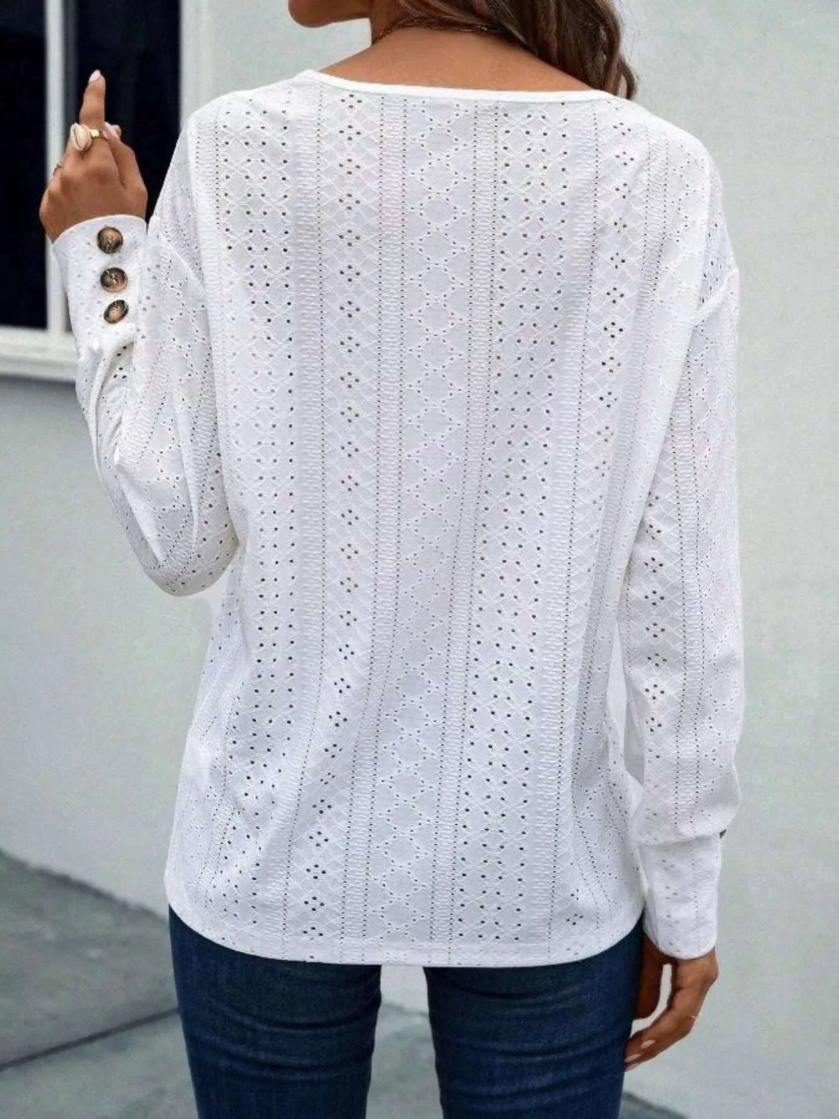Eyelet V-Neck Long Sleeve T-Shirt WESTCLOSET