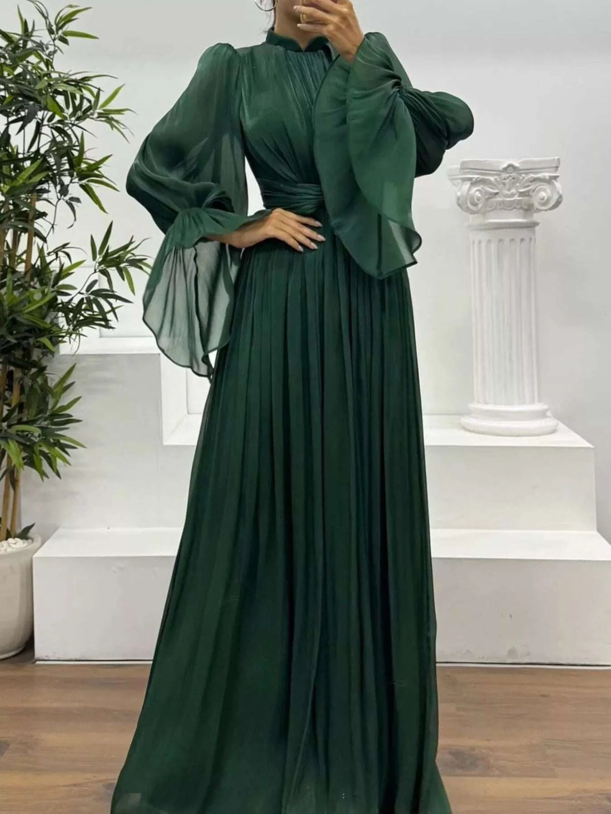Pleated Mock Neck Long Sleeve Maxi Dress WESTCLOSET