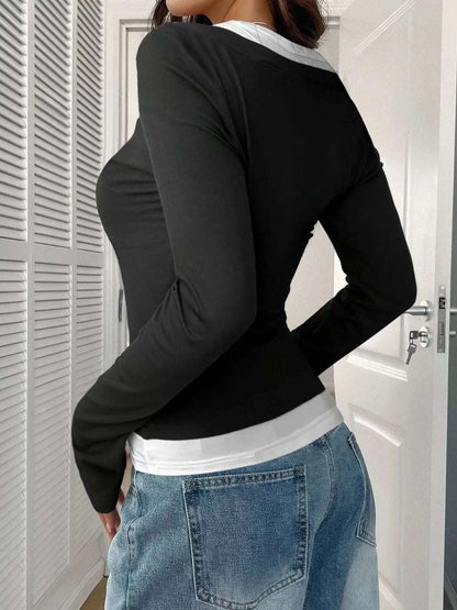 Contrast Long Sleeve Fake Two-Piece T-Shirt WESTCLOSET