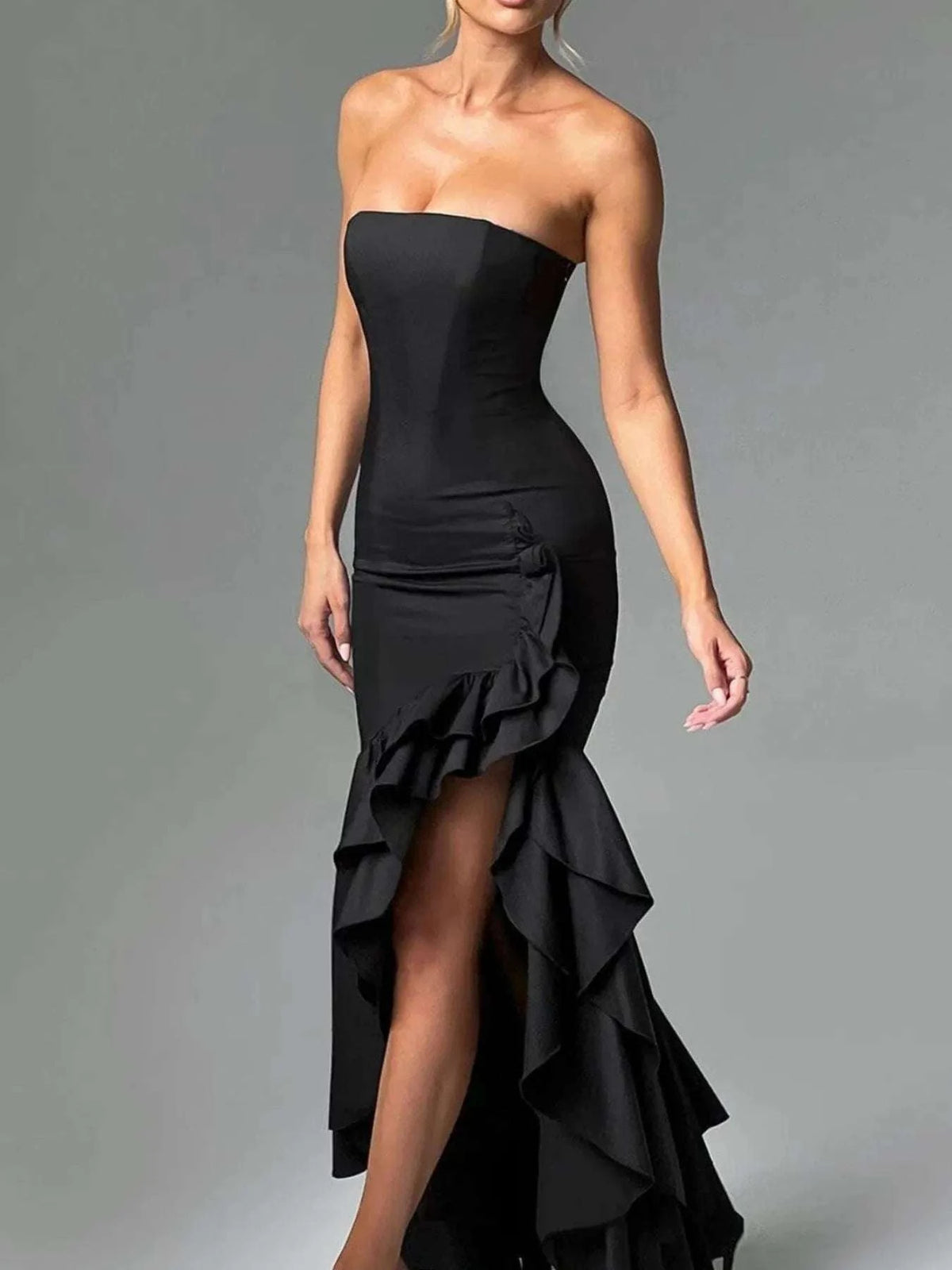 Strapless Ruffle High-Low Bodycon Dress WESTCLOSET