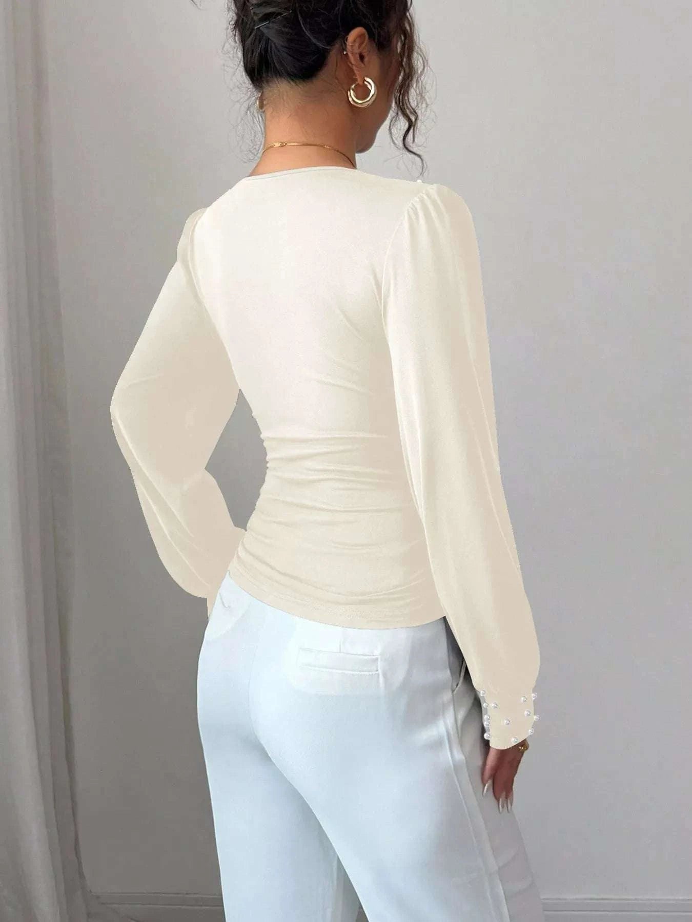 Pearl Embellished V-Neck Blouse WESTCLOSET