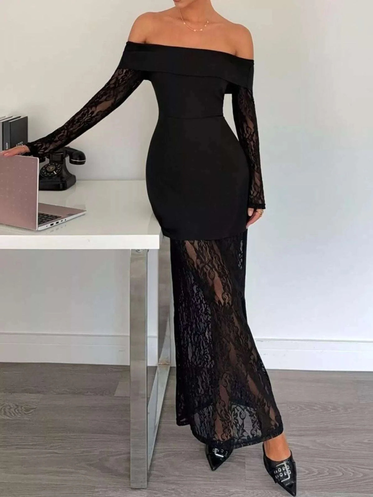 Off-Shoulder Lace Long Sleeve Maxi Dress WESTCLOSET