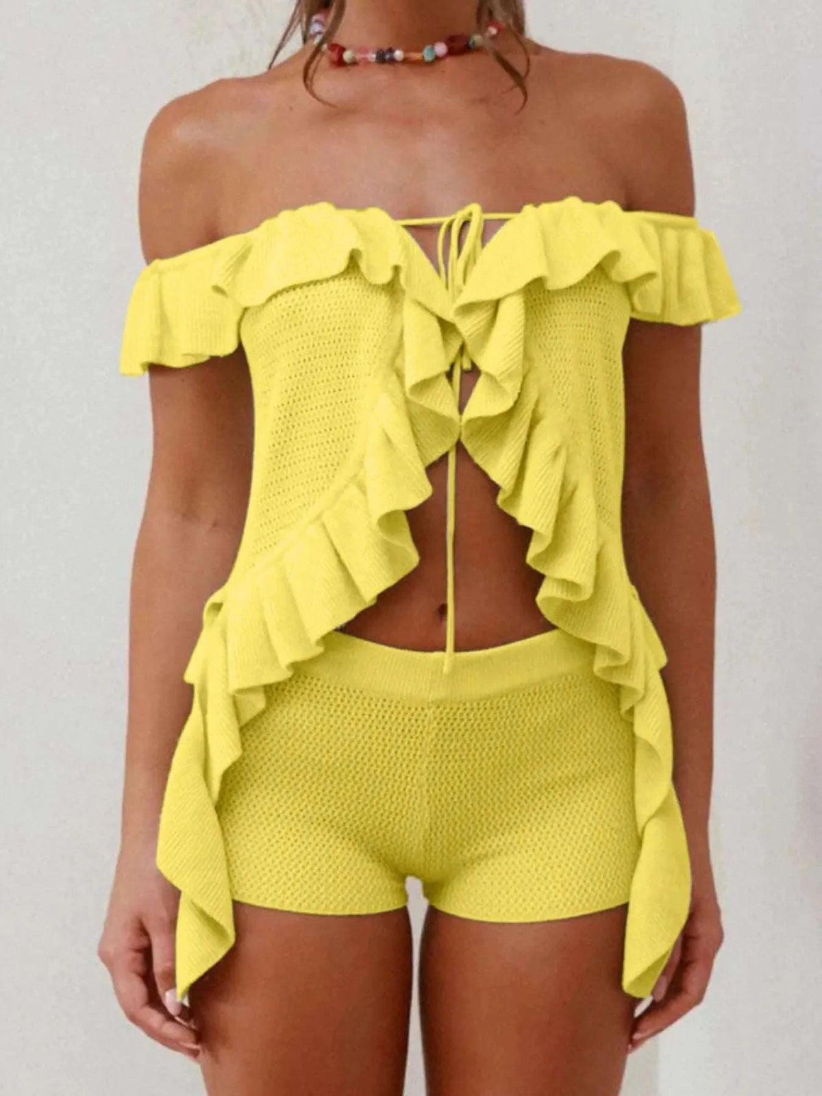 Off-Shoulder Ruffle Top and Shorts Sweater Set WESTCLOSET