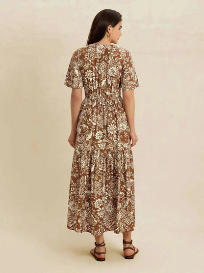 Lace Detail Printed Short Sleeve Midi Dress WESTCLOSET