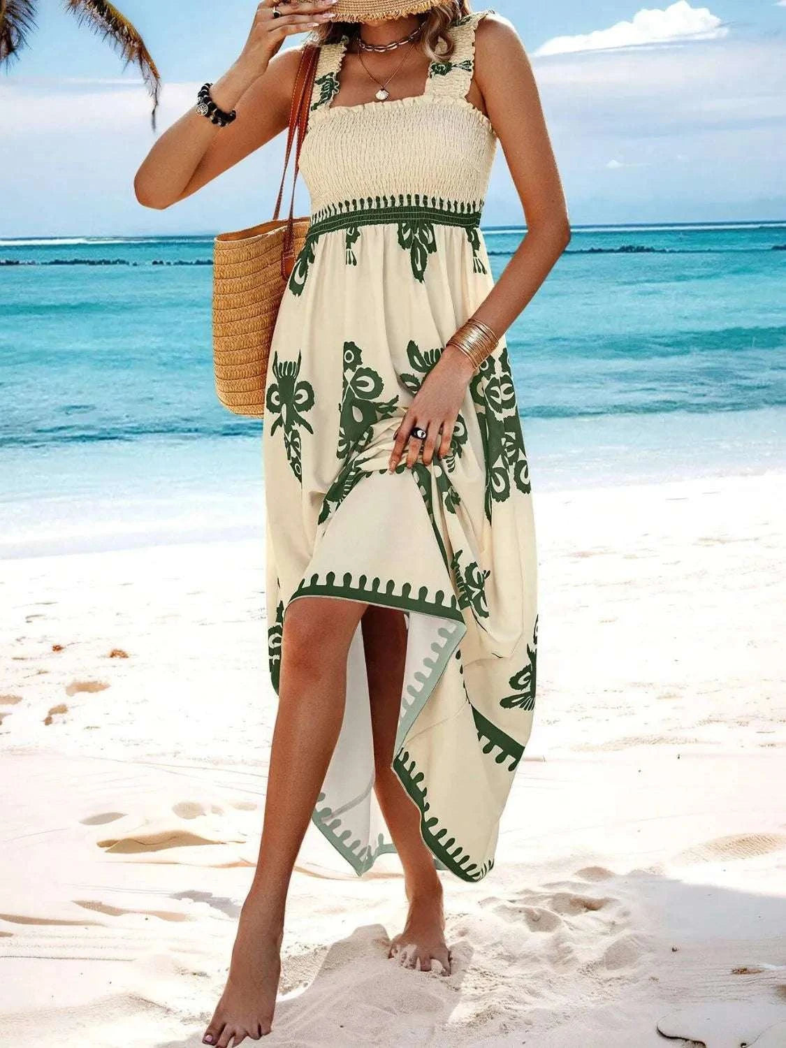Smocked Printed Wide Strap Maxi Dress WESTCLOSET