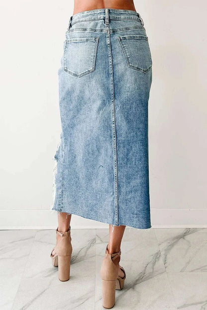 Distressed Asymmetrical Denim Skirt with Frayed Hem WESTCLOSET
