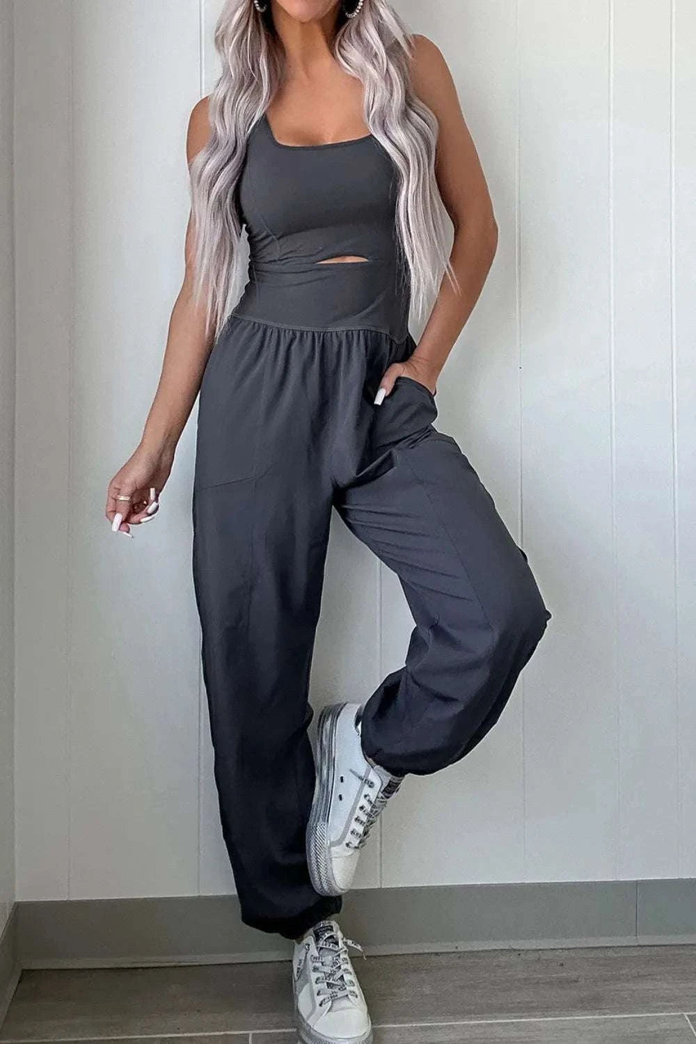 Cutout Square Neck Wide Strap Active Jumpsuit WESTCLOSET