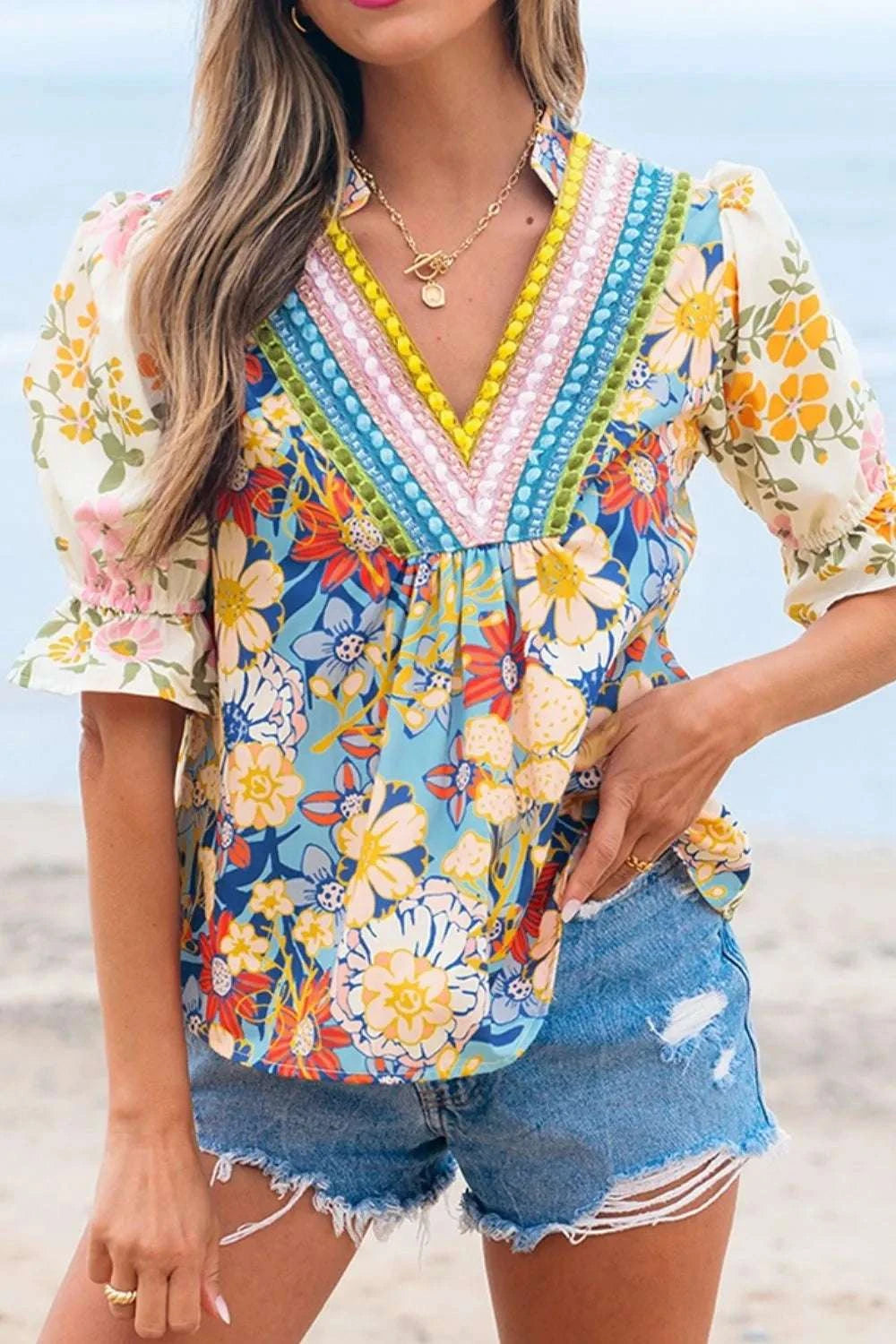 Multicolour Crochet V Neck Half Sleeve Boho Floral Blouse WESTCLOSET