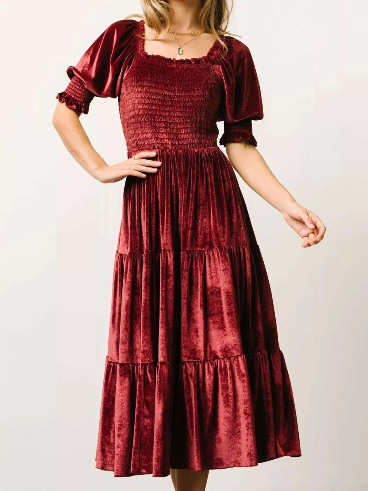 Velvet Smocked Tiered Midi Dress WESTCLOSET