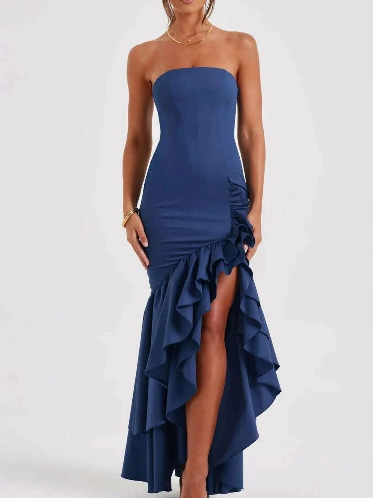 Strapless Ruffle High-Low Bodycon Dress WESTCLOSET