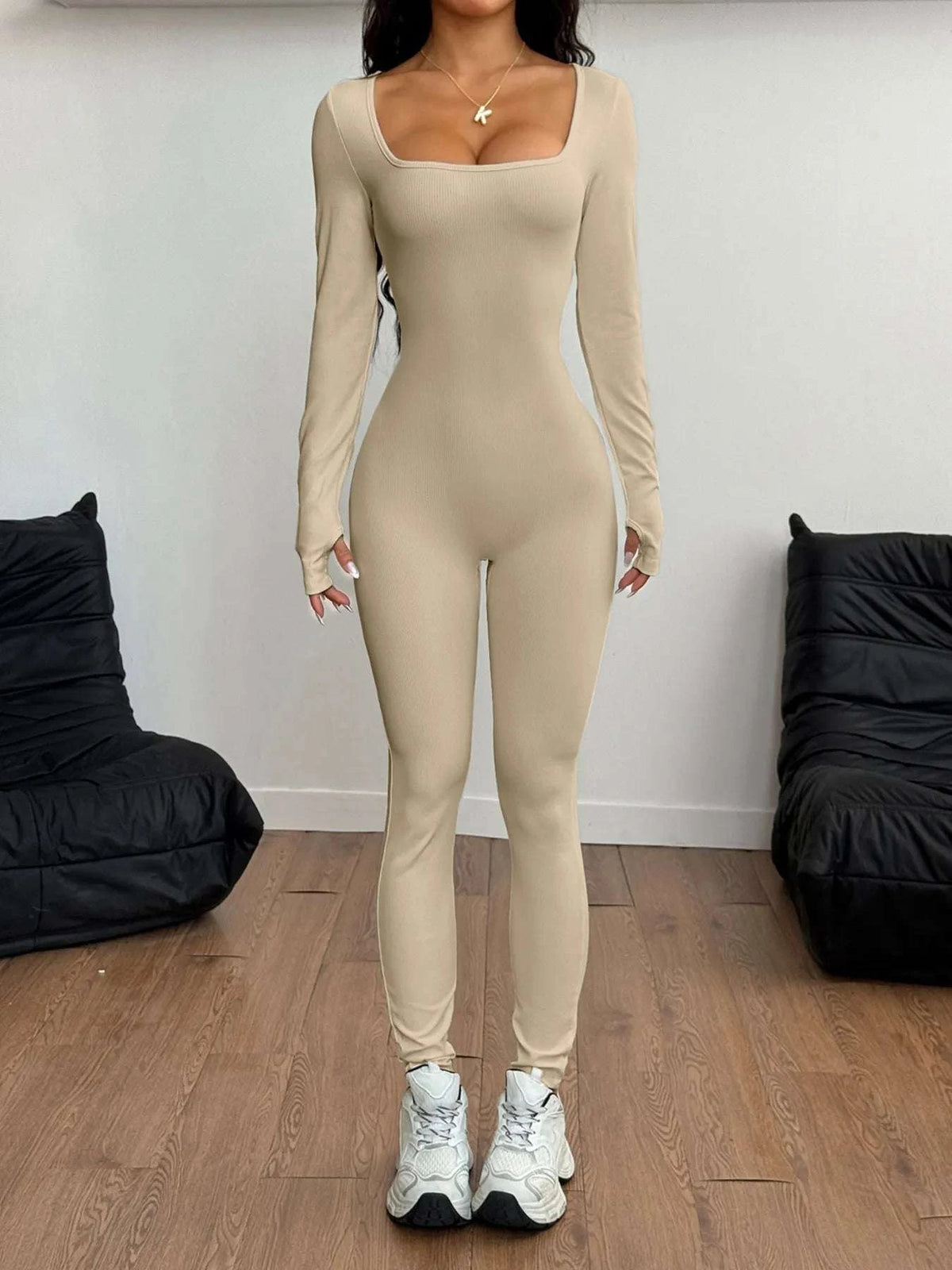 Square Neck Long Sleeve Active Jumpsuit WESTCLOSET