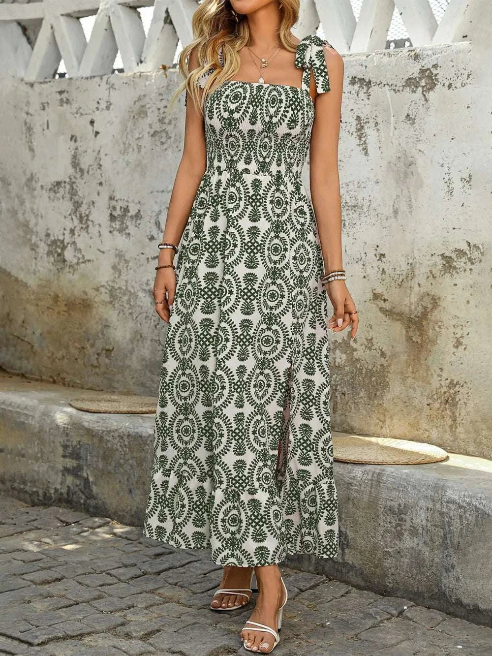 Smocked Slit Printed Tie Shoulder Dress WESTCLOSET