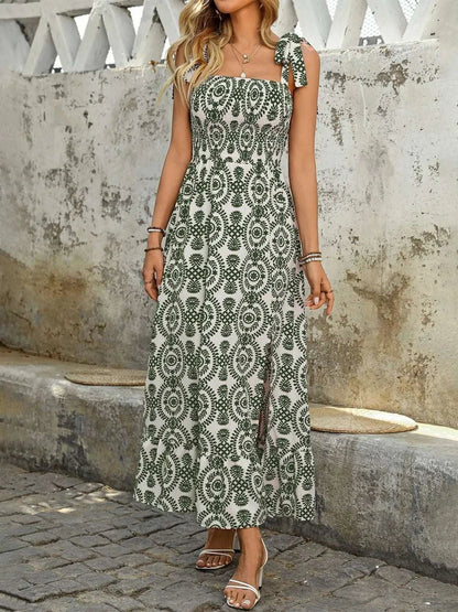 Smocked Slit Printed Tie Shoulder Dress WESTCLOSET