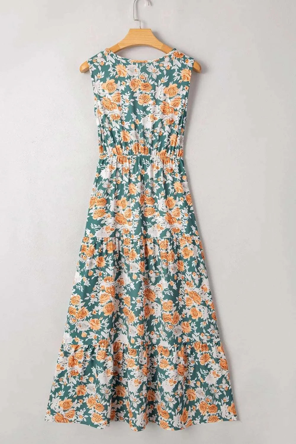 Floral Print Trimmed V Neck Tie Waist Sleeveless Dress WESTCLOSET