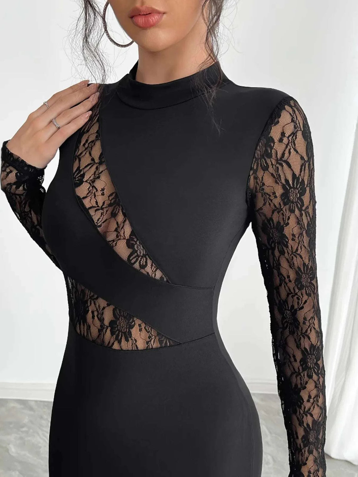 Lace Mock Neck Slit Dress WESTCLOSET
