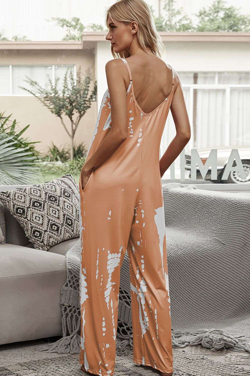 Shiny Tie-Dye Spaghetti Strap Jumpsuit with Pockets WESTCLOSET