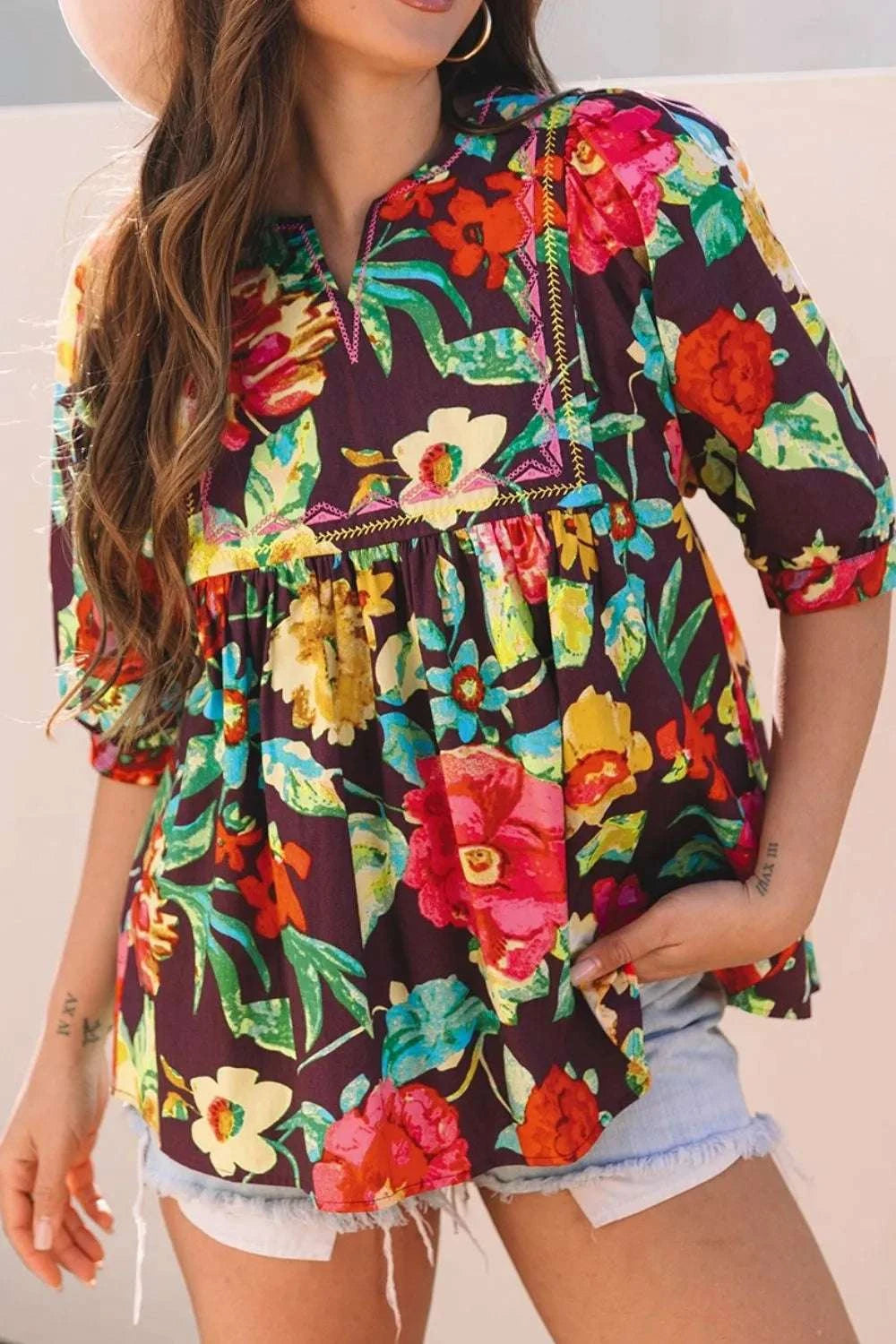 Flower Embroidered Trim Half Sleeve Blouse WESTCLOSET