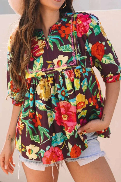 Flower Embroidered Trim Half Sleeve Blouse WESTCLOSET