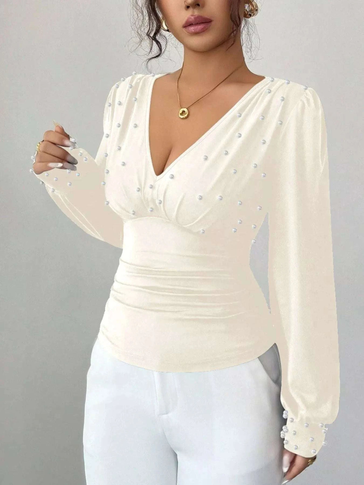 Pearl Embellished V-Neck Blouse WESTCLOSET