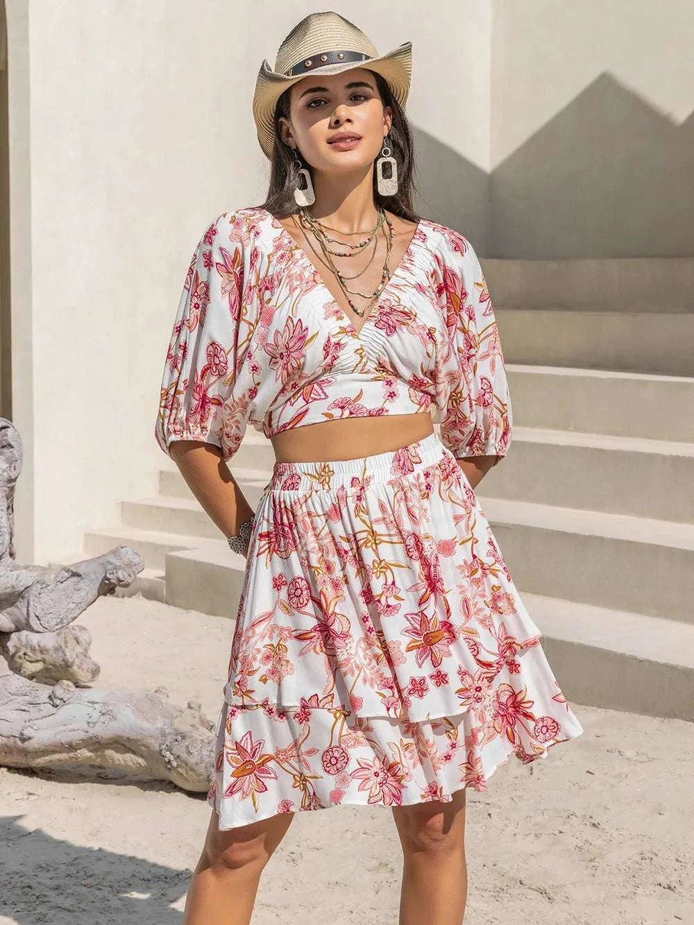 Printed Half Sleeve Top and Layered Skirt Set WESTCLOSET