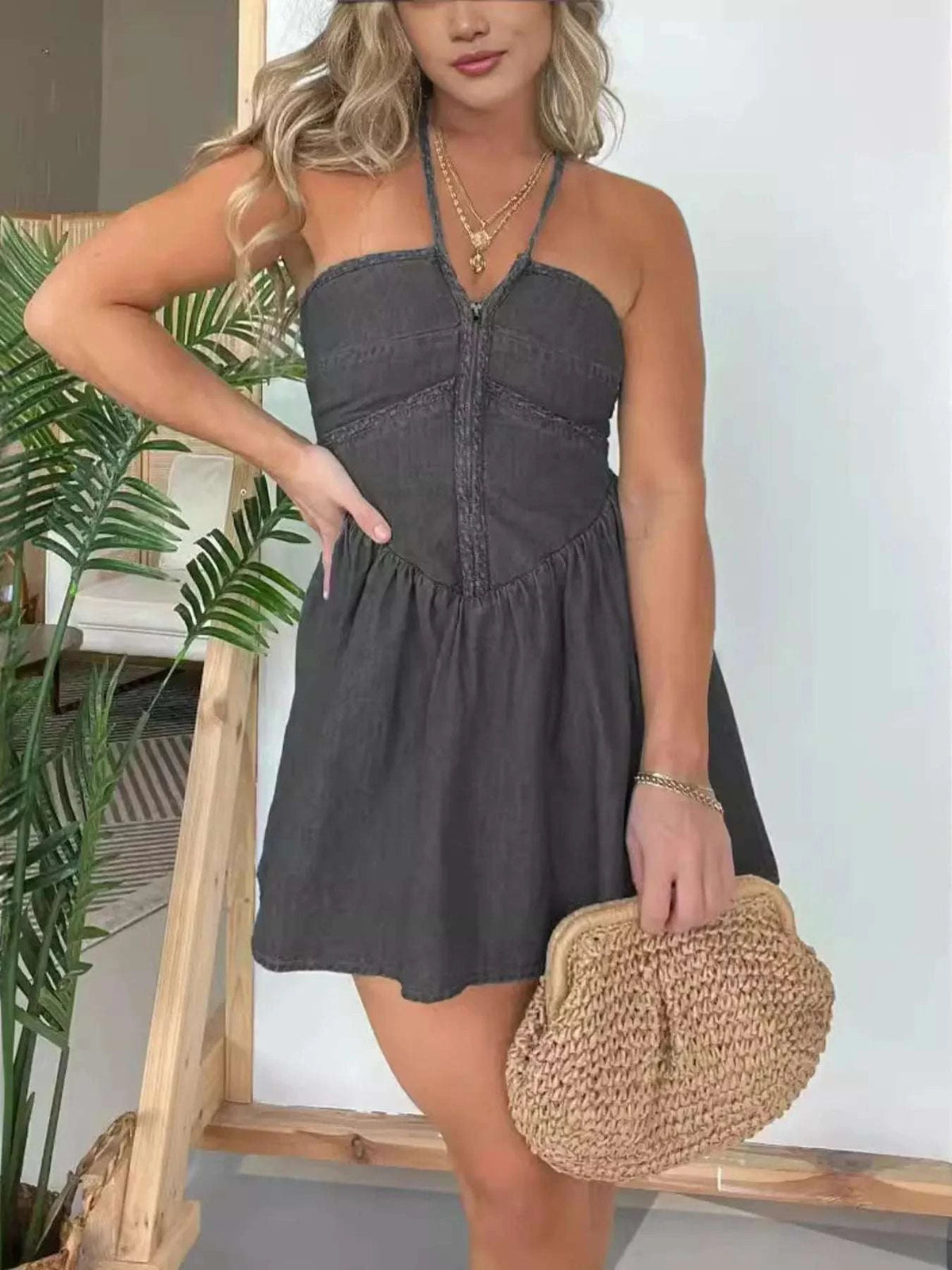 Full Size Lace Up Halter Neck Denim Dress Plus Size WESTCLOSET
