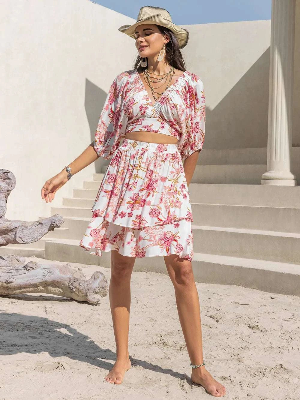 Printed Half Sleeve Top and Layered Skirt Set WESTCLOSET