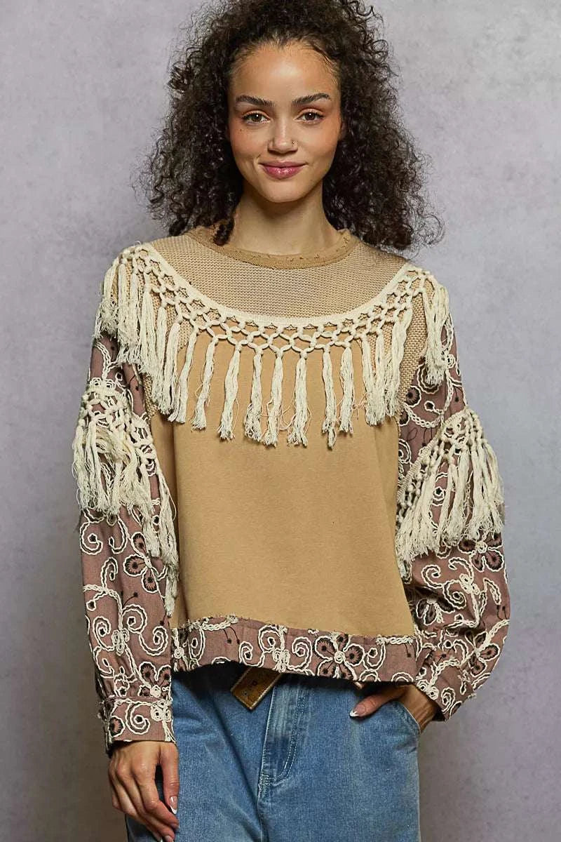 POL Contrast Floral Embroidery Balloon Sleeve Top with Tassel Trim WESTCLOSET